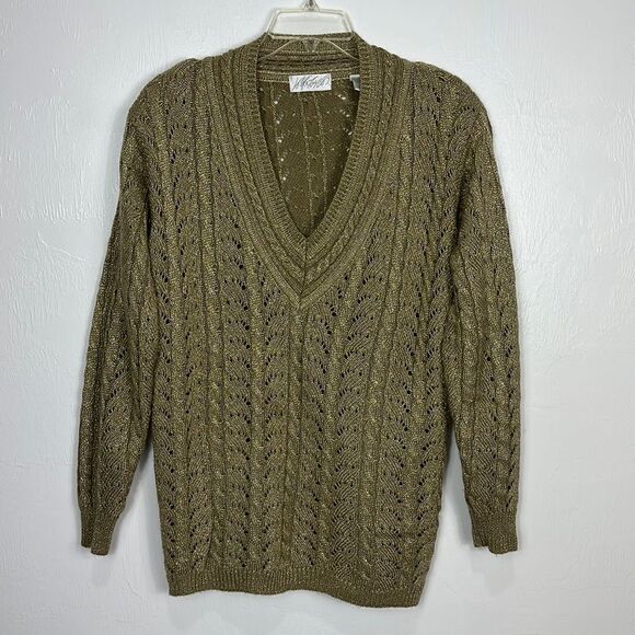 Lord & Taylor Wool Blend Gold Metallic Cable Knit V-neck Pullover Sweater Size M - Picture 1 of 7
